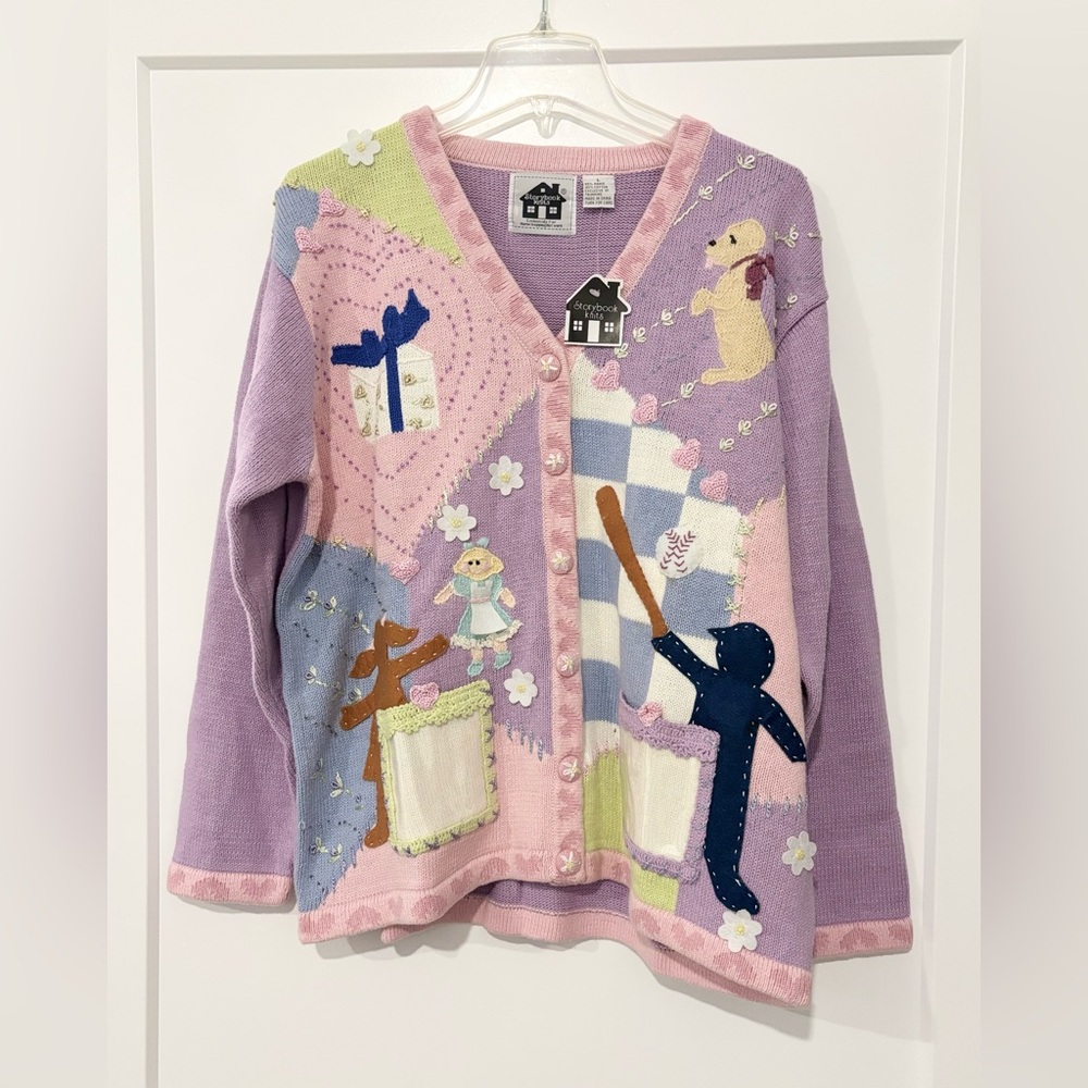 Storybook Knits Grandmothers Love Applicae Embroidered Sweater Cardigan